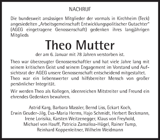 Traueranzeige von Theo Mutter von Süddeutsche Zeitung