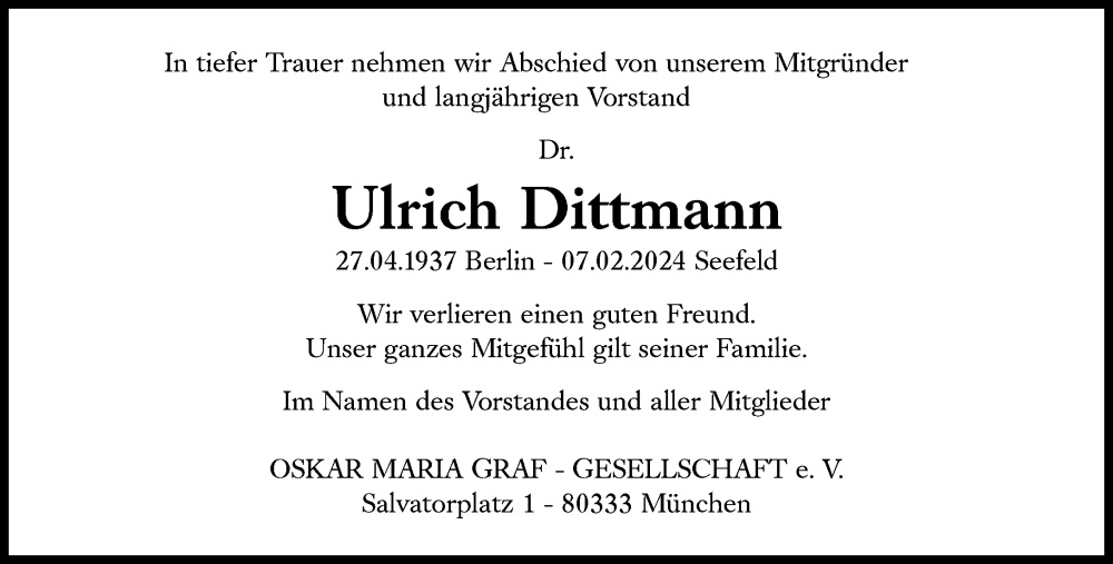  Traueranzeige für Ulrich Dittmann vom 10.02.2024 aus Süddeutsche Zeitung