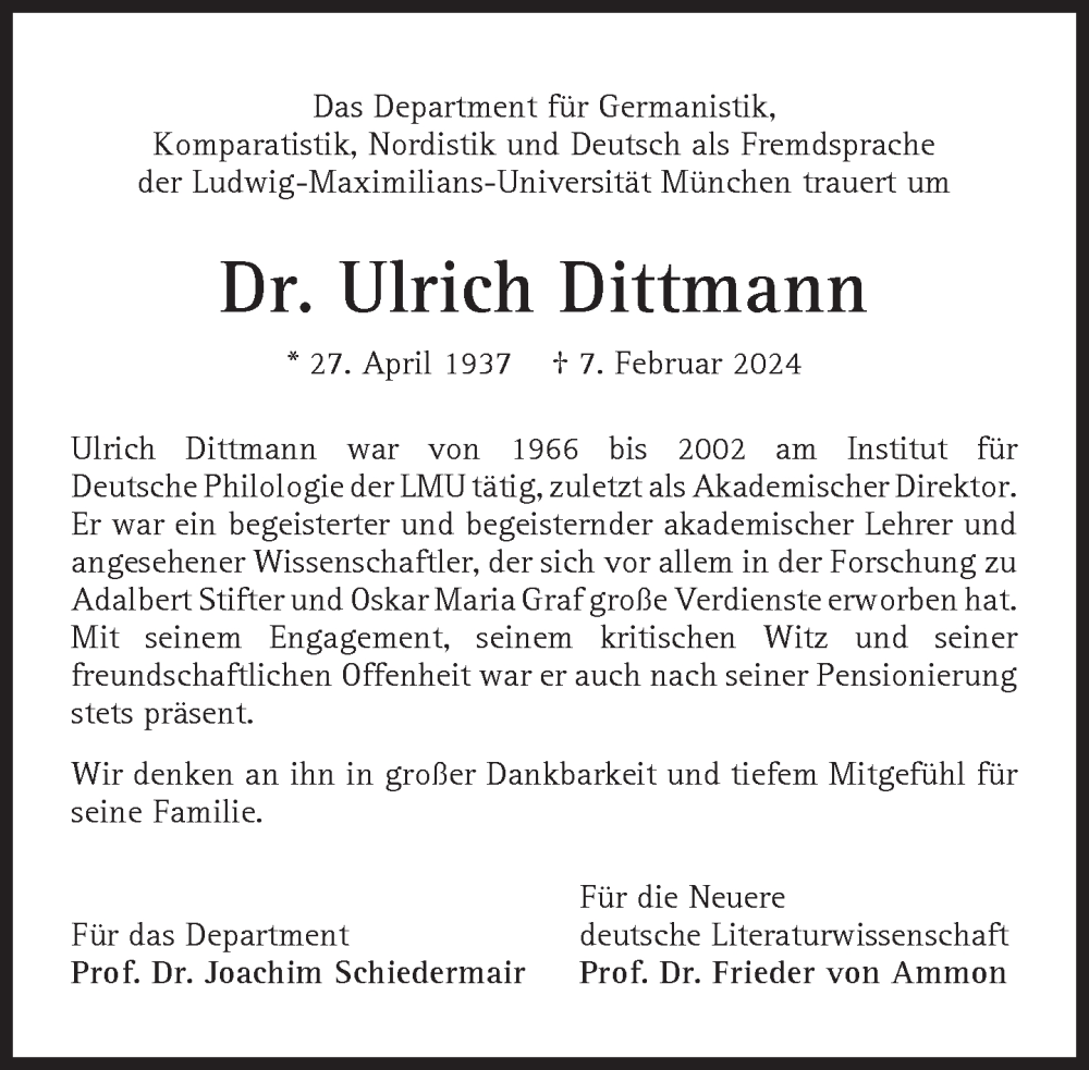  Traueranzeige für Ulrich Dittmann vom 17.02.2024 aus Süddeutsche Zeitung