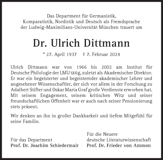 Traueranzeige von Ulrich Dittmann von Süddeutsche Zeitung