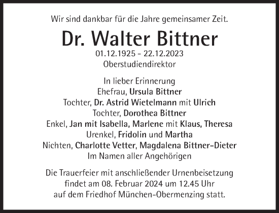 Traueranzeige von Walter Bittner von Süddeutsche Zeitung