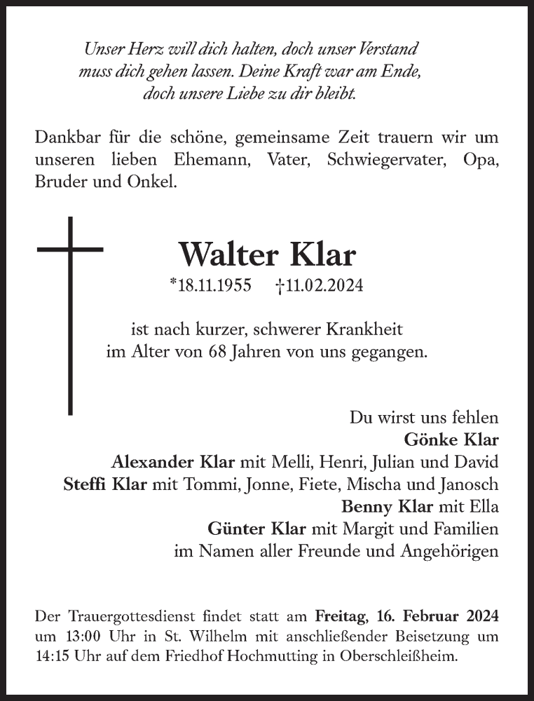  Traueranzeige für Walter Klar vom 14.02.2024 aus Süddeutsche Zeitung