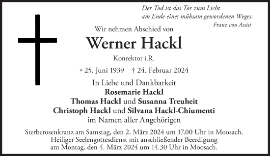 Traueranzeige von Werner Hackl von Süddeutsche Zeitung