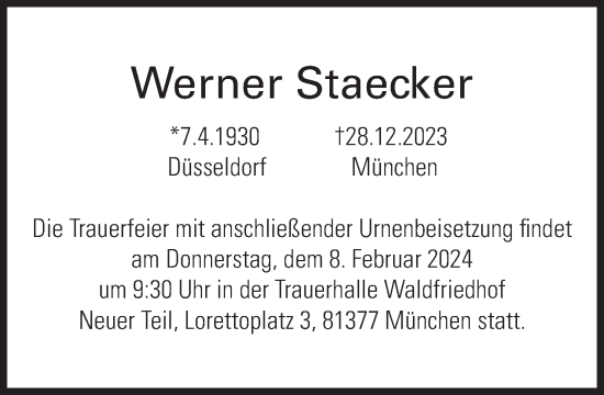 Traueranzeige von Werner Staecker von Süddeutsche Zeitung