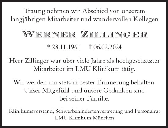 Traueranzeige von Werner Zillinger von Süddeutsche Zeitung