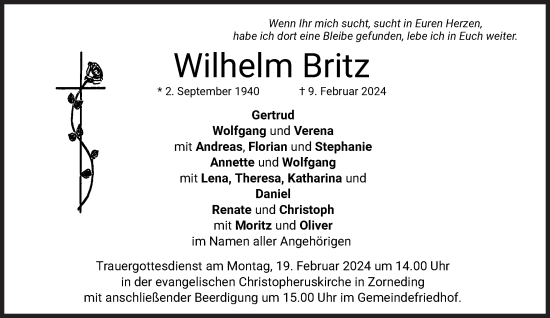 Traueranzeige von Wilhelm Britz von Süddeutsche Zeitung