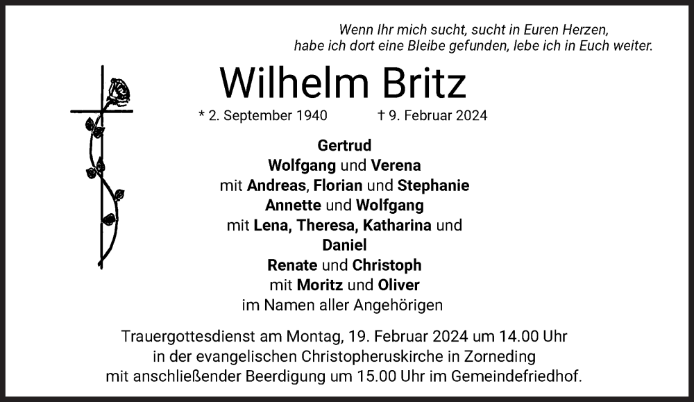  Traueranzeige für Wilhelm Britz vom 14.02.2024 aus Süddeutsche Zeitung
