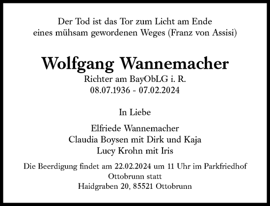Traueranzeige von Wolfgang Wannemacher von Süddeutsche Zeitung
