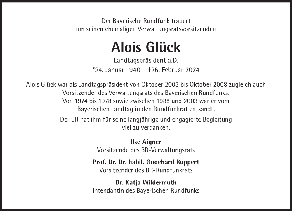  Traueranzeige für Alois Glück vom 02.03.2024 aus Süddeutsche Zeitung