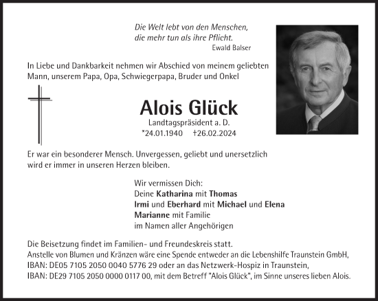Traueranzeige von Alois Glück von Süddeutsche Zeitung