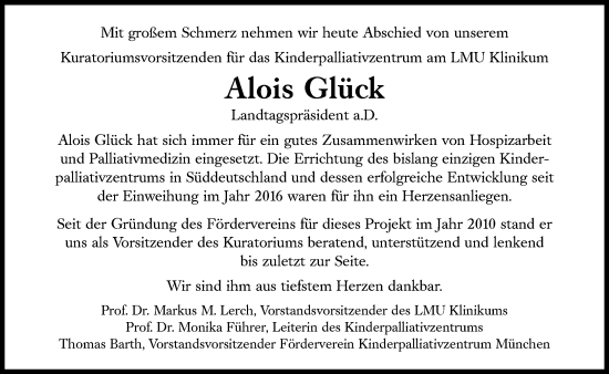 Traueranzeige von Alois Glück von Süddeutsche Zeitung