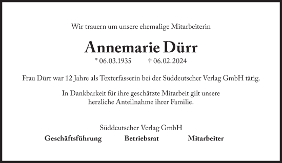 Traueranzeige von Annemarie Dürr von Süddeutsche Zeitung