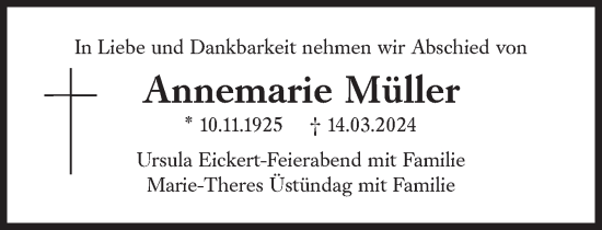 Traueranzeige von Annemarie Müller von Süddeutsche Zeitung