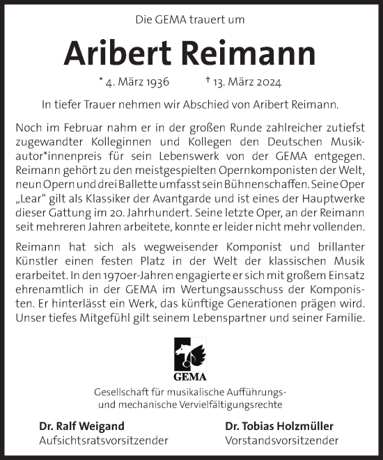 Traueranzeige von Aribert Reimann von Süddeutsche Zeitung