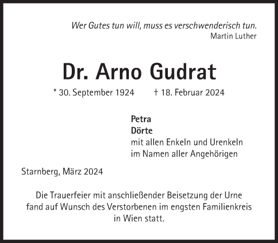 Traueranzeige von Arno Gudrat von Süddeutsche Zeitung