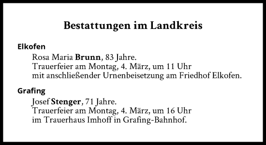 Traueranzeige von Bestattungen vom 04.03.2024 von Süddeutsche Zeitung