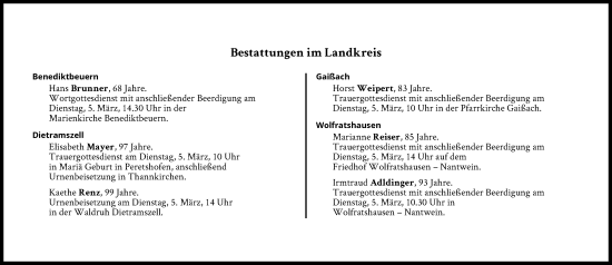 Traueranzeige von Bestattungen vom 05.03.2024 von Süddeutsche Zeitung