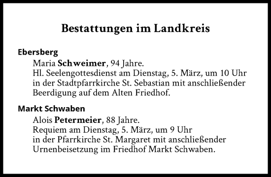 Traueranzeige von Bestattungen vom 05.03.2024 von Süddeutsche Zeitung