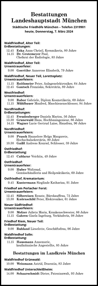 Traueranzeige von Bestattungen vom 07.03.2024 von Süddeutsche Zeitung