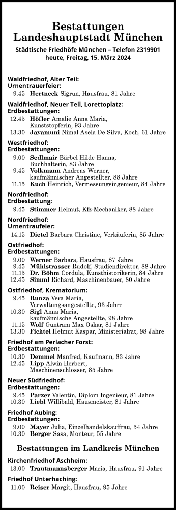 Traueranzeige von Bestattungen vom 15.03.2024 von Süddeutsche Zeitung