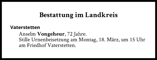 Traueranzeige von Bestattungen vom 18.03.2024 von Süddeutsche Zeitung
