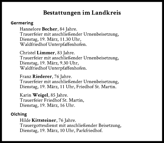 Traueranzeige von Bestattungen vom 19.03.2024 von Süddeutsche Zeitung