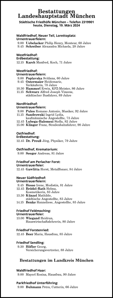 Traueranzeige von Bestattungen vom 19.03.2024 von Süddeutsche Zeitung