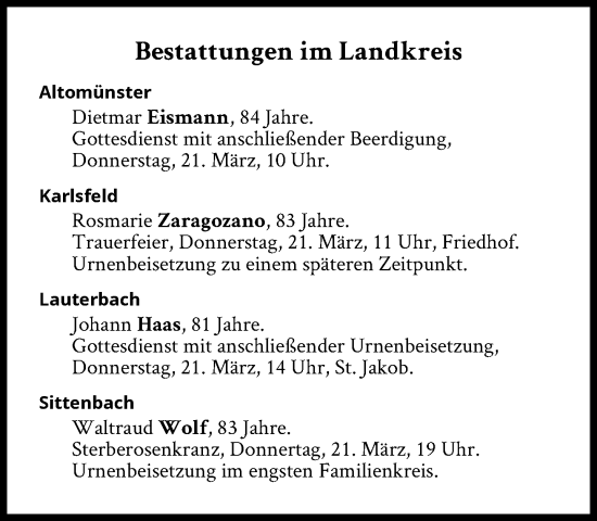 Traueranzeige von Bestattungen vom 21.03.2024 von Süddeutsche Zeitung