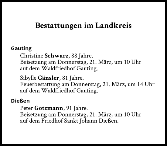 Traueranzeige von Bestattungen vom 21.03.2024 von Süddeutsche Zeitung