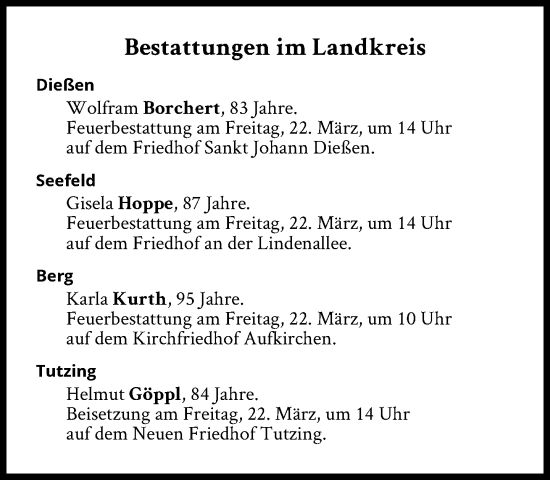 Traueranzeige von Bestattungen vom 22.03.2024 von Süddeutsche Zeitung