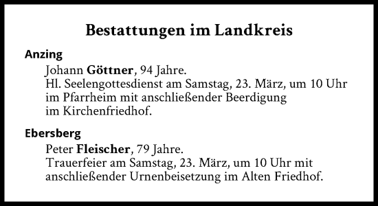 Traueranzeige von Bestattungen vom 23.03.2024 von Süddeutsche Zeitung