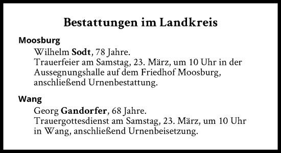 Traueranzeige von Bestattungen vom 23.03.2024 von Süddeutsche Zeitung