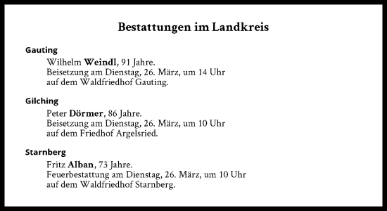 Traueranzeige von Bestattungen vom 26.03.2024 von Süddeutsche Zeitung