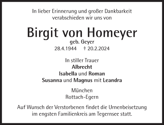 Traueranzeige von Birgit von Homeyer von Süddeutsche Zeitung