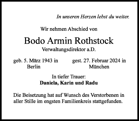 Traueranzeige von Bodo Armin Rothstock von Süddeutsche Zeitung