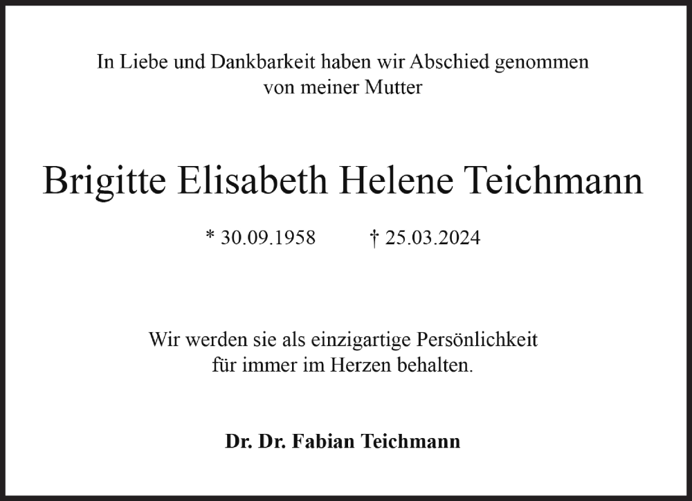  Traueranzeige für Brigitte Teichmann vom 28.03.2024 aus Süddeutsche Zeitung