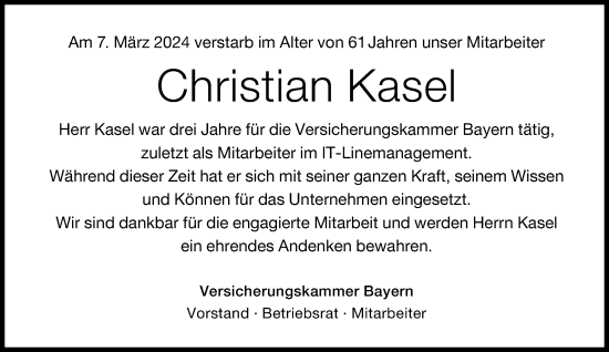 Traueranzeige von Christian Kasel von Süddeutsche Zeitung