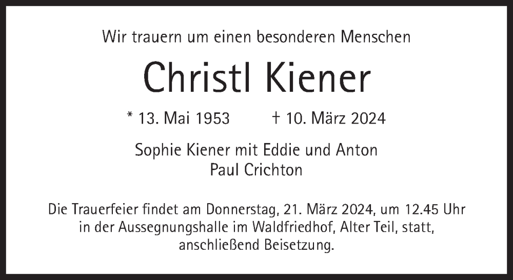  Traueranzeige für Christl Kiener vom 16.03.2024 aus Süddeutsche Zeitung