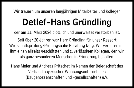 Traueranzeige von Detlef-Hans Gründling von Süddeutsche Zeitung