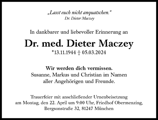 Traueranzeige von Dieter Maczey von Süddeutsche Zeitung