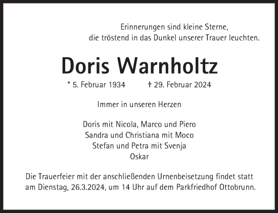 Traueranzeige von Doris Warnholtz von Süddeutsche Zeitung