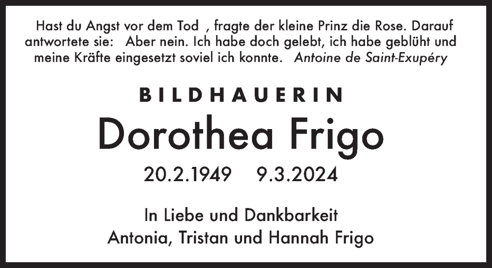  Traueranzeige für Dorothea Frigo vom 30.03.2024 aus Süddeutsche Zeitung