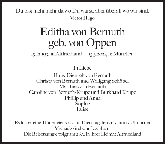 Traueranzeige von Editha von Bernuth von Süddeutsche Zeitung