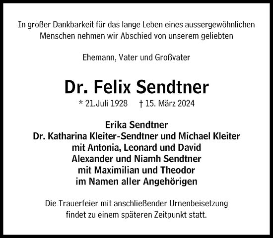 Traueranzeige von Felix Sendtner von Süddeutsche Zeitung
