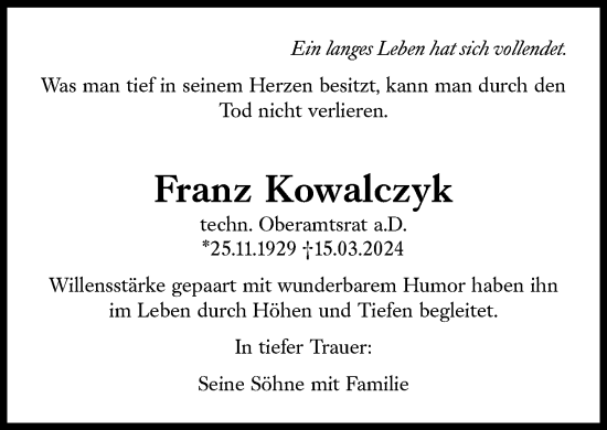 Traueranzeige von Franz Kowalczyk von Süddeutsche Zeitung