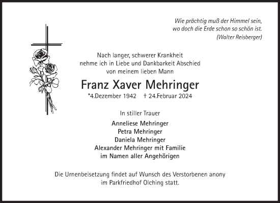 Traueranzeige von Franz Xaver Mehringer von Süddeutsche Zeitung
