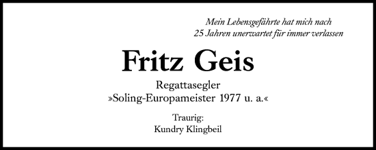 Traueranzeige von Fritz Geis von Süddeutsche Zeitung