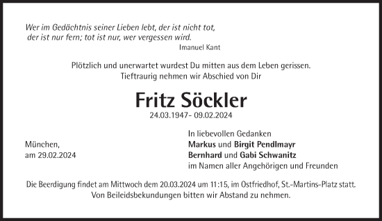 Traueranzeige von Fritz Söckler von Süddeutsche Zeitung