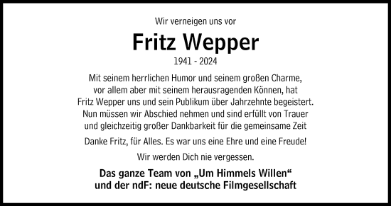 Traueranzeige von Fritz Wepper von Süddeutsche Zeitung