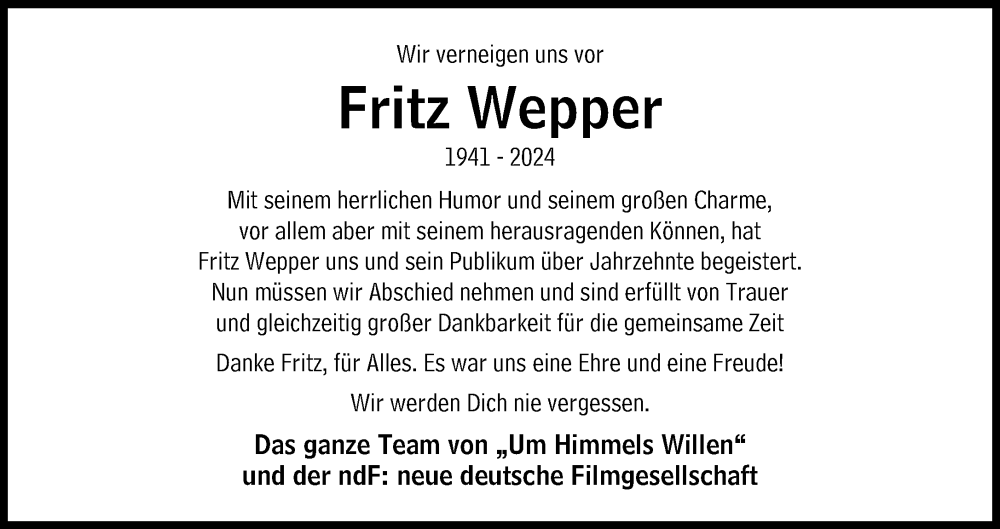  Traueranzeige für Fritz Wepper vom 30.03.2024 aus Süddeutsche Zeitung